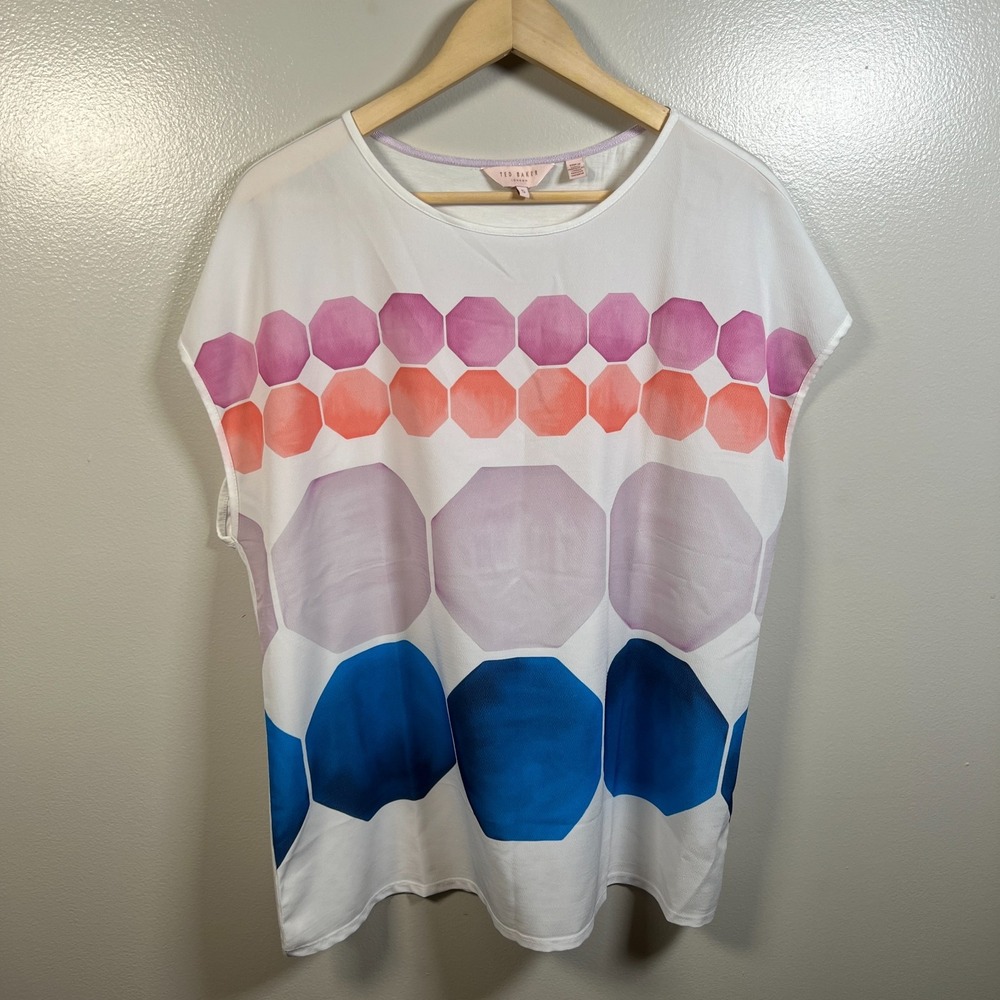 Ted Baker Canndy Geometric Short Sleeve Top Blouse Size Ted 5 US 12 Work Career